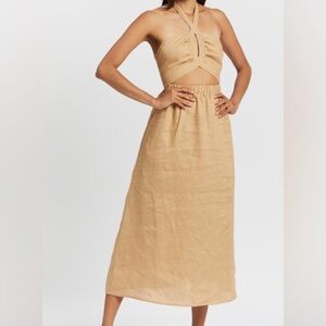 AERE Tie Neck Halter Midi Beige/Tan Dress Size 12 NWT